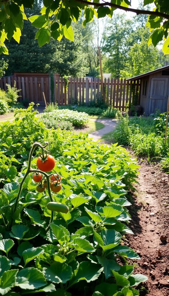 A lush, well-tended vegetable garden nestled in a sun-dappled clearing. In the foreground, rows of thriving leafy greens, vibrant tomato vines, and plump zucchini plants sway gently in a warm breeze. The middle ground features a meandering path lined with fragrant herbs, inviting the viewer to explore further. In the background, a picturesque wooden fence encloses the garden, and a weathered shed stands as a rustic backdrop. The scene is bathed in soft, natural lighting, creating a serene and inviting atmosphere that evokes the joy of growing one's own produce.