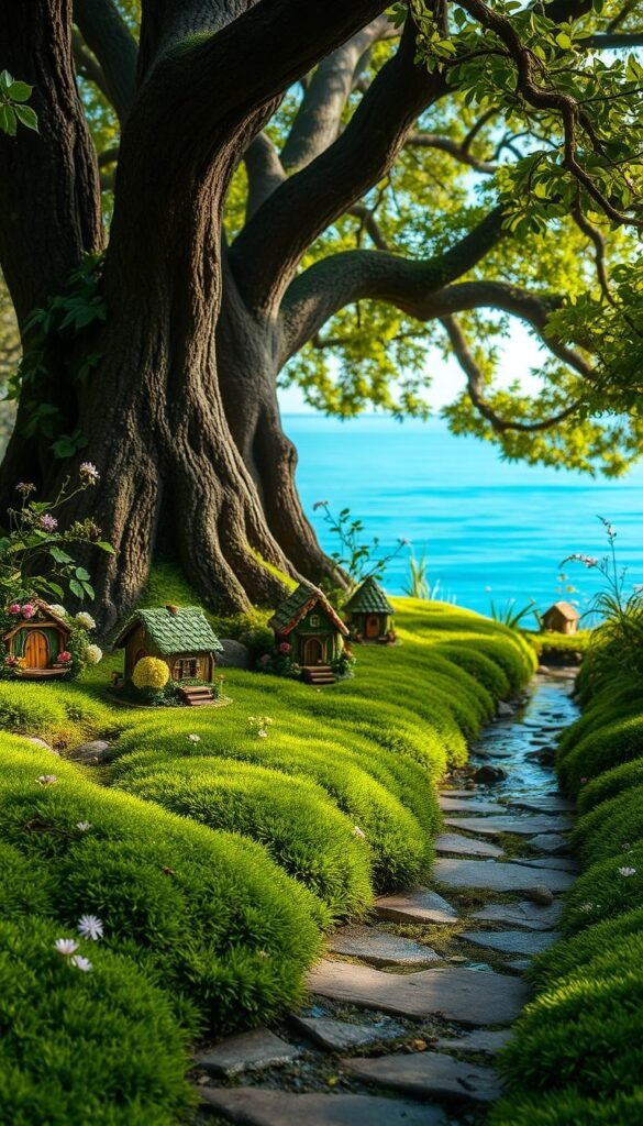 A lush, whimsical fairy garden nestled in a tranquil woodland setting. In the foreground, a meandering stone path leads through a vibrant carpet of verdant moss, dotted with delicate wildflowers. Miniature fairy houses, crafted from natural materials, peek out from beneath flowering vines and leafy ferns. A gently flowing stream cuts through the middle ground, its crystal-clear waters reflecting the dappled sunlight that filters through the canopy of ancient oak trees above. In the background, a hazy blue-green horizon suggests a mystical, enchanted realm beyond. The overall scene exudes a sense of peaceful seclusion and timeless enchantment, inviting the viewer to discover the hidden wonders of this fanciful fairy refuge.
