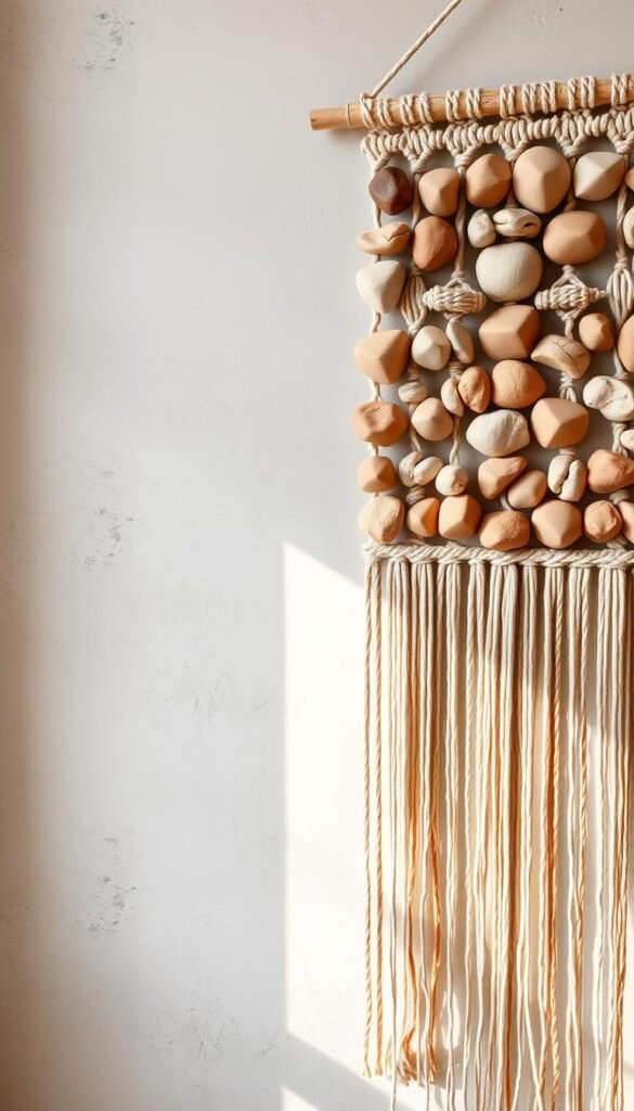 A macrame-inspired wall hanging featuring an intricate arrangement of earthy clay elements. In the foreground, organic-shaped clay pieces in neutral tones are meticulously woven into a structured grid, their tactile surfaces reflecting warm, natural lighting. The middle ground showcases cascading strands of macrame cords in muted colors, their delicate patterns complementing the clay components. In the background, a subtly textured plaster or concrete wall provides a minimalist, gallery-like backdrop, allowing the handcrafted piece to take center stage. The overall composition exudes a harmonious balance of rustic, artisanal charm and contemporary design sensibilities.