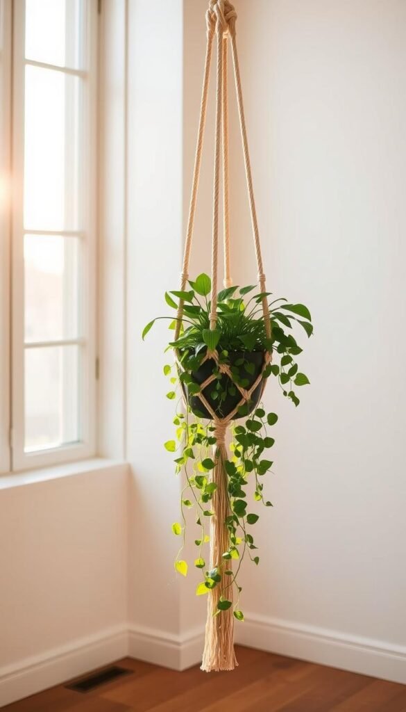 A macramé plant hanger in a bright, airy room. The hanger is woven in a classic diamond pattern with thick, natural-colored cords. It suspends a lush, trailing houseplant, its green leaves cascading down gracefully. Warm, golden sunlight streams in through large windows, casting a soft glow on the scene. The background is minimalist, with clean white walls and a wooden floor, allowing the plant and macramé to take center stage. The overall mood is one of calm, natural beauty, highlighting the timeless craft of macramé and its ability to showcase plants in a stylish, handmade way.