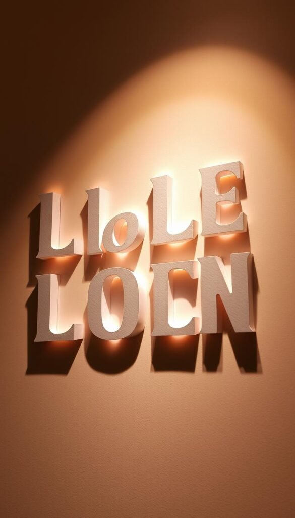 A meticulously crafted set of dimensional paper letters, delicately cut and layered to create a captivating three-dimensional effect. The letters are illuminated from the side, casting intricate shadows that add depth and texture to the composition. The paper has a soft, matte finish, giving it a tactile, handcrafted quality. The letters are arranged in an elegant, minimalist layout, allowing each individual character to shine. The lighting is warm and directional, creating a cozy, intimate atmosphere that enhances the craftsmanship of the paper work. The background is a clean, neutral color that allows the letters to take center stage, showcasing their dimensional beauty.