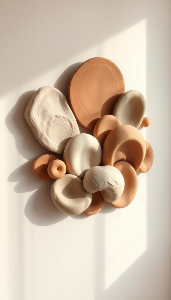 A minimalist arrangement of smooth, natural clay forms in earthy tones, artfully arranged on a neutral background. The clay pieces are gently curved and textured, creating a serene, meditative composition. Soft, diffused lighting from the side casts subtle shadows, emphasizing the tactile quality of the materials. The scene is captured from a slightly elevated angle, allowing the viewer to appreciate the elegant simplicity and balance of the clay wall art display. An atmosphere of calm, understated sophistication pervades the image, inviting closer inspection of the handcrafted details. A minimalist arrangement of smooth, natural clay forms in earthy tones, artfully arranged on a neutral background. The clay pieces are gently curved and textured, creating a serene, meditative composition. Soft, diffused lighting from the side casts subtle shadows, emphasizing the tactile quality of the materials. The scene is captured from a slightly elevated angle, allowing the viewer to appreciate the elegant simplicity and balance of the clay wall art display. An atmosphere of calm, understated sophistication pervades the image, inviting closer inspection of the handcrafted details.