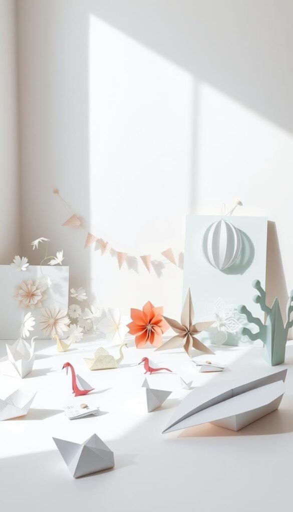 A minimalist, stylized scene of assorted paper craft projects arranged on a bright, clean tabletop. In the foreground, delicate origami shapes, paper flowers, and intricate paper-cut silhouettes. In the middle ground, simple paper garlands, paper lanterns, and a neatly folded paper airplane. The background features a plain, white wall with natural light streaming in, casting soft shadows and highlights on the paper elements. The overall mood is fresh, modern, and visually captivating, showcasing the versatility and quick appeal of paper crafting.
