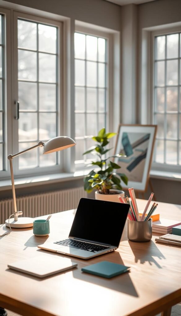 A modern and meticulously curated desk setup, bathed in warm, diffused natural lighting streaming through large windows. In the foreground, a sleek, minimalist wooden desk hosts a laptop, a stylish desk lamp, and a collection of perfectly coordinated stationery accessories in shades of muted teal and pale pink. In the middle ground, a lush, potted plant and a framed piece of abstract art add visual interest and a touch of organic elegance. The background is softly blurred, creating a sense of depth and focus on the harmonious desktop arrangement.