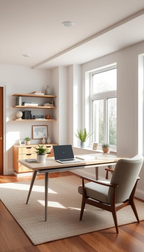 A modern, elegantly furnished home office with natural light streaming through large windows. The spacious desk is adorned with minimalist decor - a potted plant, a sleek lamp, and a few artful trinkets. The walls feature floating shelves displaying books and decorative objects. A mid-century modern armchair sits in the corner, inviting relaxation. The room has a warm, sophisticated ambiance, achieved through the use of natural wood tones, soft whites, and muted greens. Indirect lighting casts a gentle glow, creating a tranquil, productivity-boosting atmosphere.