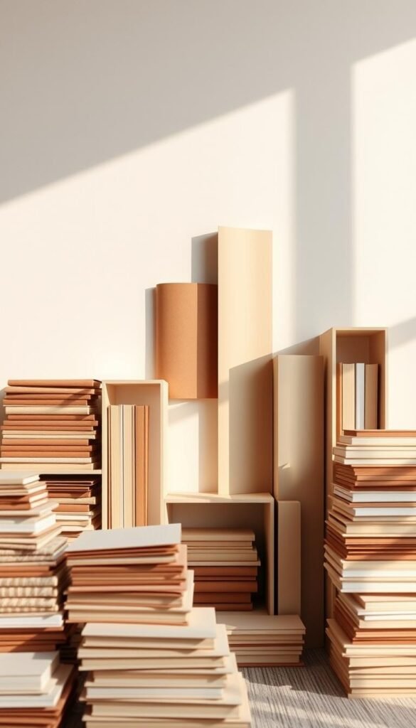 A modular paper bookshelf decoration with clean, minimalist design. In the foreground, stacks of neatly arranged paper books in various hues of brown, beige, and cream, some with subtle patterns or textures, create a tactile, artisanal feel. The middle ground features sleek, geometric paper modules in complementary tones, arranged in a visually balanced, asymmetric pattern that draws the eye. Soft, natural lighting from above casts gentle shadows, adding depth and dimension to the composition. The background is a simple, off-white wall, allowing the paper elements to take center stage. The overall mood is one of refined elegance and understated sophistication, perfectly suited for a cozy, stylish living space.