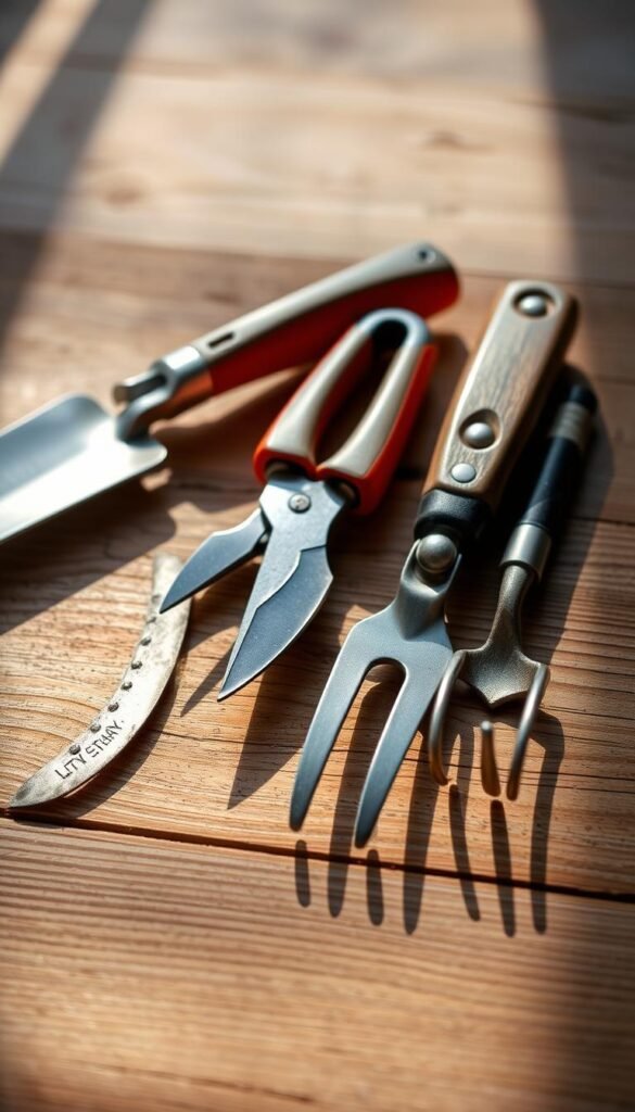 A neatly arranged set of gardening tools lying on a wooden surface, illuminated by soft, natural lighting. The tools include a trowel, pruning shears, a hand cultivator, and a small garden fork, all gleaming with a polished finish. The tools are laid out in a visually pleasing, symmetrical composition, casting gentle shadows that add depth and dimension to the scene. The background is blurred, creating a sense of focus on the tools themselves, which are the central elements of the image. The overall mood is one of organization, preparedness, and the excitement of planning a small garden transformation.
