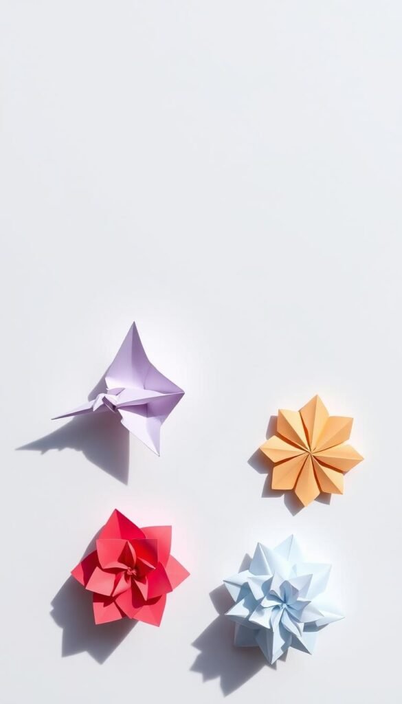 A neatly arranged set of simple origami projects, including a paper crane, a paper boat, and a paper flower, against a clean and minimalist white background. The origami pieces are captured in natural lighting, casting soft shadows and showcasing their crisp, folded forms. The overall composition is balanced and visually appealing, highlighting the accessible and beginner-friendly nature of these origami creations. The image conveys a sense of simplicity, creativity, and the joy of paper-folding crafts.