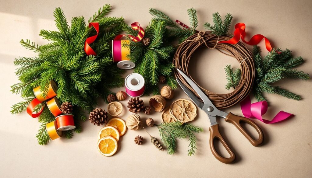 A neatly arranged still life of DIY door wreath materials, captured in warm, natural lighting. In the foreground, an assortment of lush evergreen sprigs, vibrant ribbon spools, and a grapevine wreath base. In the middle ground, delicate pinecones, dried citrus slices, and a pair of sharp pruning shears. The background features a neutral, slightly textured surface, allowing the materials to take center stage. The overall composition exudes a cozy, rustic atmosphere, inspiring the viewer to craft their own unique holiday door decoration.