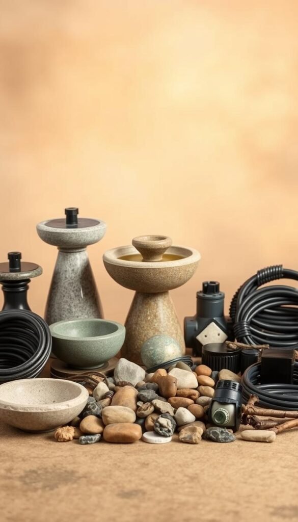 A neatly arranged still life of DIY garden fountain components against a soft, blurred background. In the foreground, a selection of decorative stone bowls, pumps, tubing, and other essential hardware pieces. The middle ground features a collection of river rocks, pebbles, and natural elements like branches or driftwood. Warm, diffused lighting creates a serene, earthy atmosphere, highlighting the textures and colors of the materials. The overall composition emphasizes the simplicity and versatility of the basic building blocks needed to create a beautiful, customized DIY garden fountain.