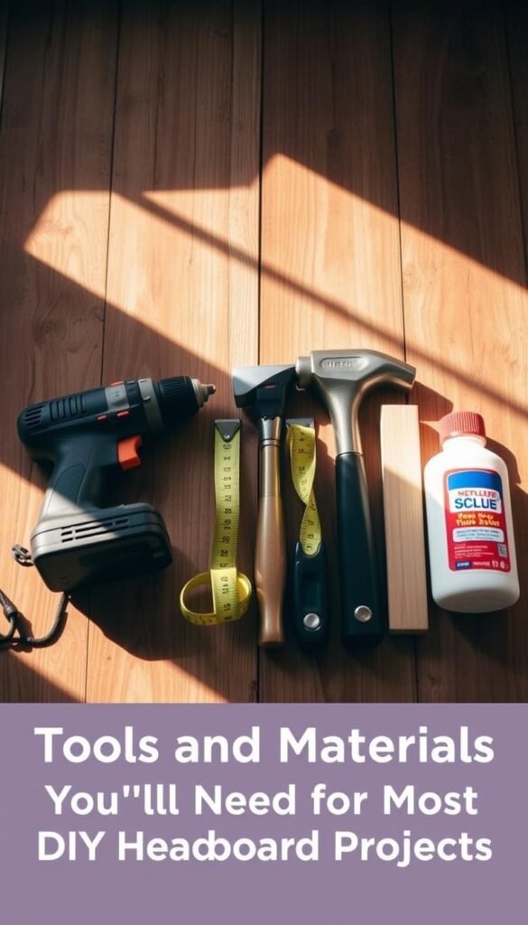 A neatly organized collection of DIY headboard construction tools, including a power drill, hammer, measuring tape, wood glue, and sandpaper, resting on a rustic wooden surface. Warm, natural lighting casts soft shadows, creating a cozy, inviting atmosphere. The tools are arranged in a visually appealing layout, hinting at the versatility and creativity required for a personalized DIY headboard project. The image captures the essence of the "Tools and Materials You'll Need for Most DIY Headboard Projects" section, inspiring readers to tackle their own unique headboard designs.