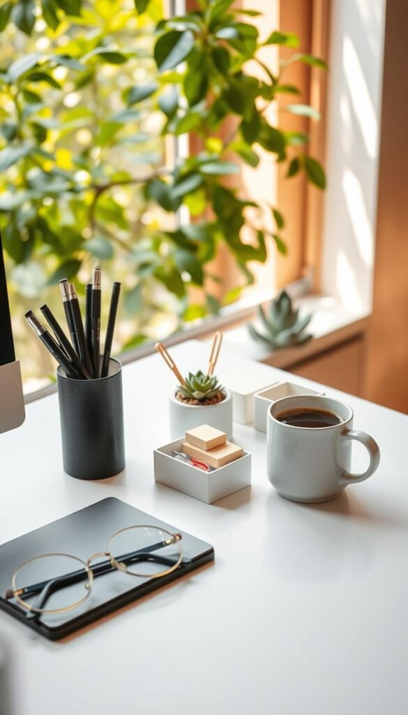 A neatly organized desk, bathed in warm, natural light filtering through lush greenery. On the surface, an array of carefully curated accessories: a sleek pen holder, a minimalist desk organizer with compartments for pens, paperclips, and sticky notes, a potted succulent adding a touch of vibrant life. A pair of round, metal-framed glasses rests alongside a mug of steaming hot coffee. The overall atmosphere is one of refined productivity, where form and function harmoniously coexist, inspiring a sense of calm focus.