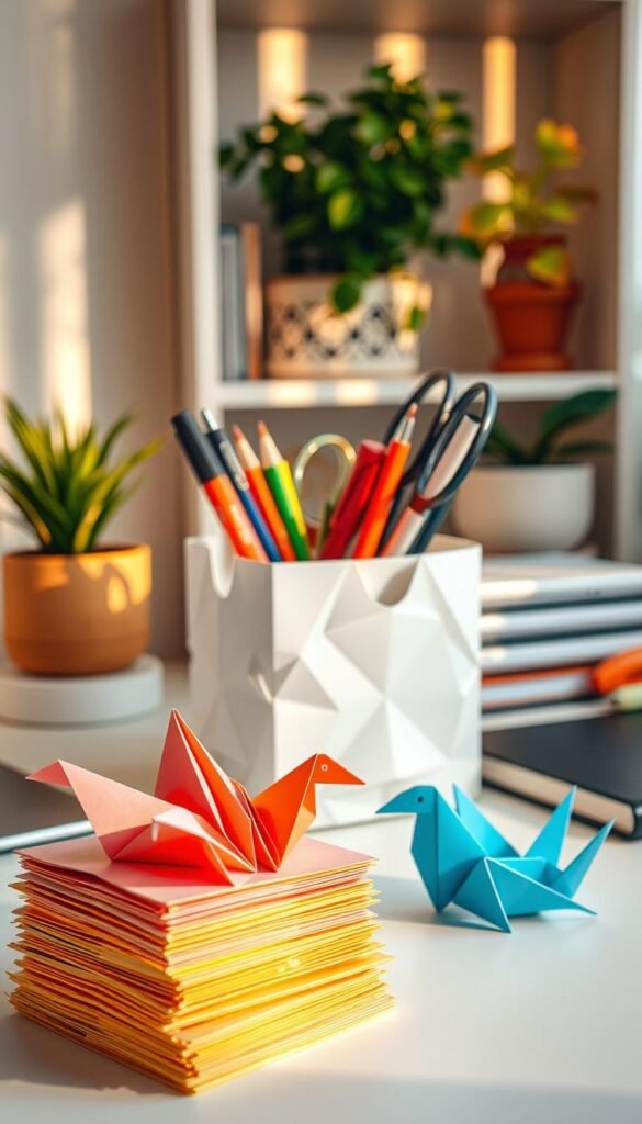 A neatly organized desk with an assortment of practical paper crafts. In the foreground, a tidy stack of colorful origami animals, each precisely folded. In the middle ground, a geometric paper organizer holding pens, scissors, and other craft supplies. The background features a minimalist bookshelf with potted plants, casting warm, natural lighting across the scene. The overall mood is one of efficiency and creativity, showcasing how simple paper crafts can enhance everyday organization.