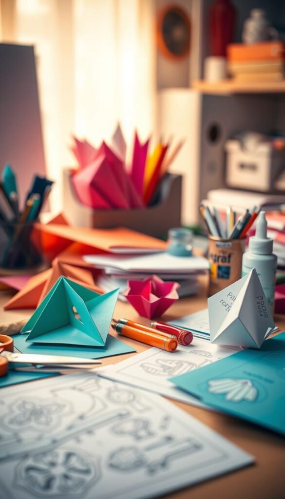 A neatly organized desktop with various paper crafting supplies, including vibrant origami paper, scissors, glue sticks, and intricate paper folding templates. The lighting is soft and diffused, creating a warm, inviting atmosphere. The composition features the tools and materials in the foreground, with a blurred background that suggests a cozy, creative workspace. The overall tone is one of tranquility and focus, inspiring the viewer to engage in the art of paper crafting.