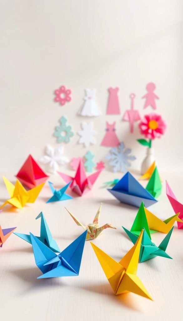 A peaceful, well-lit studio scene showcasing a variety of simple paper craft projects for children. In the foreground, there are origami shapes like paper cranes, paper airplanes, and paper boats, all folded from vibrant colored paper. In the middle ground, a selection of paper cutouts, such as paper snowflakes, paper dolls, and paper flowers, are arranged neatly. The background features a plain, light-colored surface, perhaps a wooden table or a clean white backdrop, to allow the paper crafts to stand out. The lighting is soft and natural, creating a warm, inviting atmosphere that encourages creativity and exploration. The overall composition is simple, uncluttered, and focuses on highlighting the beauty and simplicity of these beginner-friendly paper craft ideas.