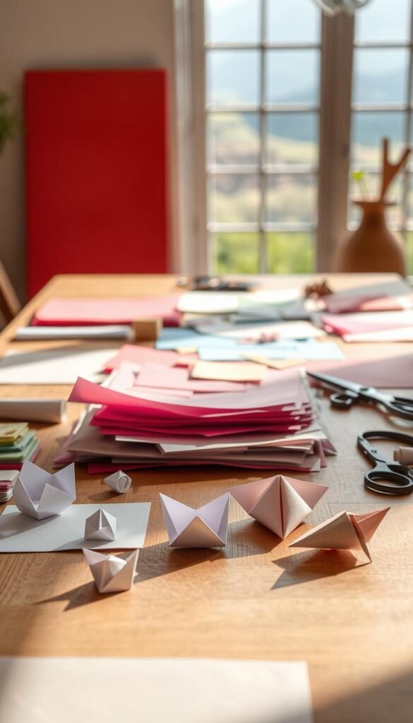 A peaceful workspace with a wooden table, soft natural lighting, and an array of colorful paper, scissors, and other crafting tools. In the foreground, delicate origami shapes and intricate paper cuttings come to life, reflecting the mindful focus of the crafter. The middle ground features a selection of textured papers, from vibrant hues to earthy tones, inviting the viewer to explore the tactile nature of the materials. In the background, a serene landscape or a minimalist backdrop creates a calming atmosphere, emphasizing the meditative qualities of this paper crafting session.