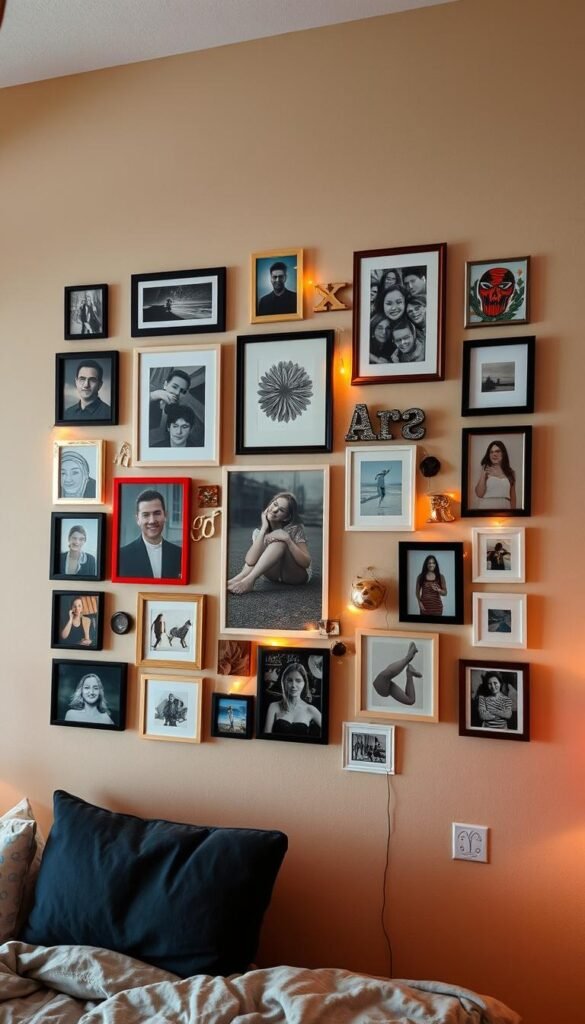 A personalized wall collage featuring an assortment of framed photographs, artwork, and decorative items, arranged in a visually striking and harmonious manner. The collage is set against a neutral, muted background, allowing the various elements to take center stage. Warm, directional lighting casts a soft, inviting glow, highlighting the textures and colors of the displayed items. The layout is thoughtfully curated, with a mix of large, statement pieces and smaller, complementary accents, creating a visually compelling and personalized display. The overall atmosphere is one of creativity, self-expression, and a welcoming, teen-friendly ambiance.
