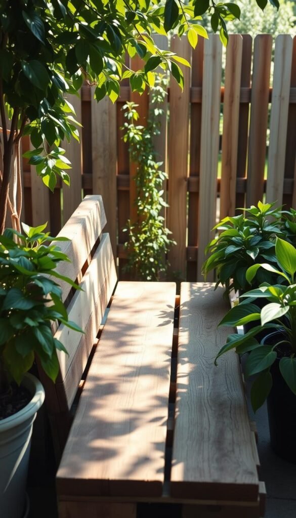 A rustic DIY pallet bench, weathered and charming, sits in a tranquil garden setting. Sunlight filters through lush greenery, casting a warm glow on the handcrafted wooden slats. The bench is flanked by verdant potted plants, their leaves casting delicate shadows. In the background, a wooden fence frames the scene, hinting at a cozy outdoor oasis. The composition is balanced, with the bench as the focal point, inviting visitors to pause and admire the beauty of repurposed materials. The overall mood is one of relaxation and a connection to nature.
