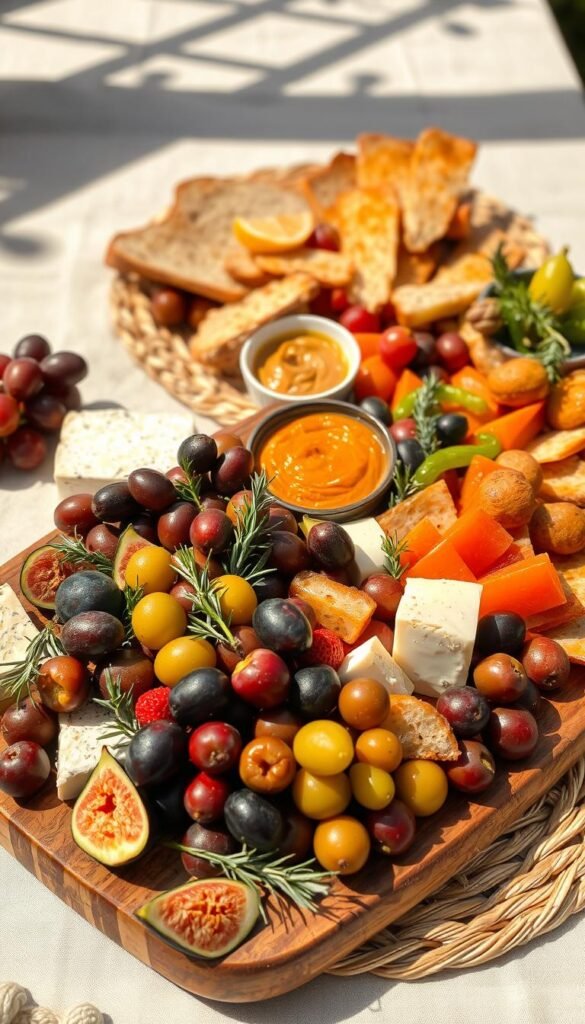 A rustic Mediterranean-style grazing table, bathed in warm afternoon sunlight. In the foreground, a wooden platter overflows with an array of olives, figs, grape clusters, and artisanal cheeses. Nestled among them, a scattering of fresh rosemary and thyme sprigs. In the middle ground, a selection of crusty bread, grissini, and colorful vegetable crudités arranged around a small bowl of vibrant hummus. The background features a linen tablecloth, accented by the natural texture of a woven rattan placemat. Subtle shadows cast by the sun create depth and dimension, while a slight vignette effect focuses the viewer's attention on the bountiful spread.