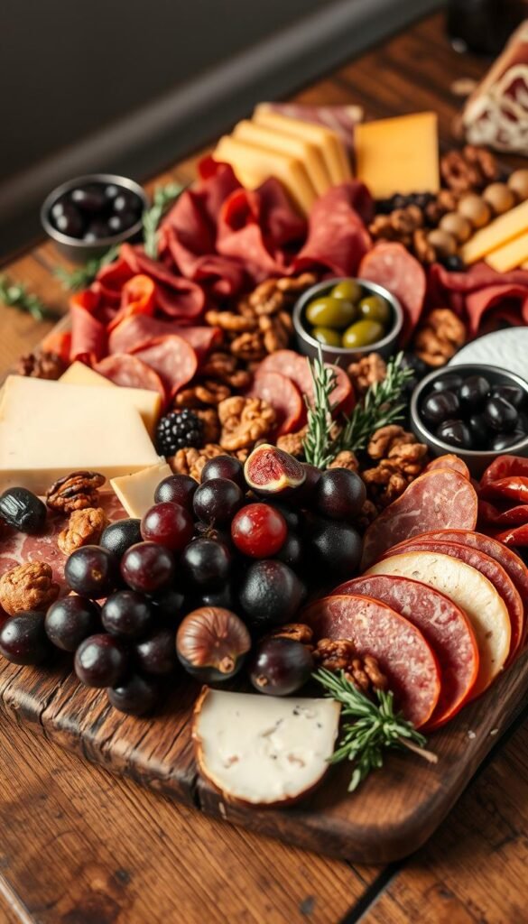 A rustic, autumnal charcuterie board, artfully arranged on a weathered wooden table. In the foreground, an assortment of cured meats, including salami, prosciutto, and chorizo, nestled alongside a variety of artisanal cheeses, ranging from sharp cheddar to creamy brie. Sprinkled throughout are plump grapes, juicy figs, and candied walnuts, providing pops of color and texture. Complementing the selection, a small dish of olives and a sprinkling of fresh rosemary and thyme. Soft, warm lighting casts a cozy glow, creating an inviting and sophisticated atmosphere. The overall arrangement evokes the essence of fall, with a nod to rustic, seasonal elegance.