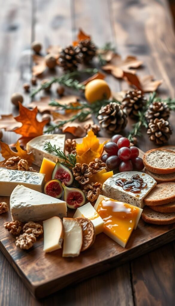 A rustic, autumnal cheese board showcased on a wooden table, illuminated by soft, natural lighting. In the foreground, an assortment of artisanal cheeses - creamy brie, sharp cheddar, and tangy blue cheese - arranged with figs, grapes, and toasted walnuts. Complementing the cheese are slices of crusty bread, crackers, and quince paste. In the middle ground, a scattering of dried leaves, pine cones, and sprigs of rosemary create a cozy, seasonal backdrop. The overall mood is one of warmth, comfort, and elegance, inviting the viewer to savor the flavors of fall.