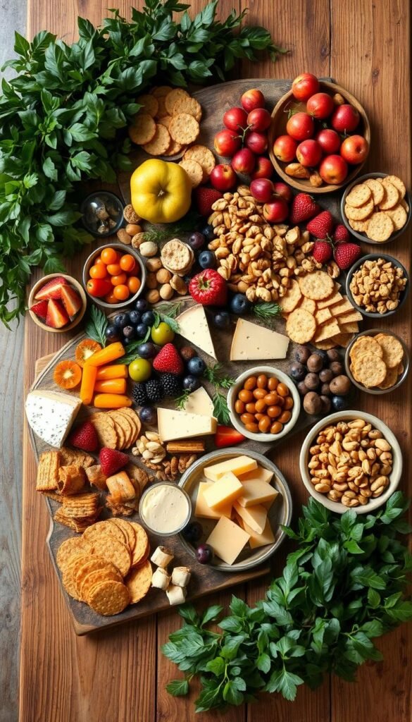 A rustic, budget-friendly grazing table set up on a wooden surface, featuring an assortment of fresh fruits, cheeses, crackers, nuts, and small bites arranged in a visually appealing and inviting manner. The table is flanked by lush greenery, creating a natural and earthy ambiance. Soft, diffused lighting illuminates the scene, highlighting the textures and colors of the various food items. The composition has a balanced and harmonious layout, with each element complementing the others to create an overall aesthetically pleasing and appetizing display suitable for a large gathering.