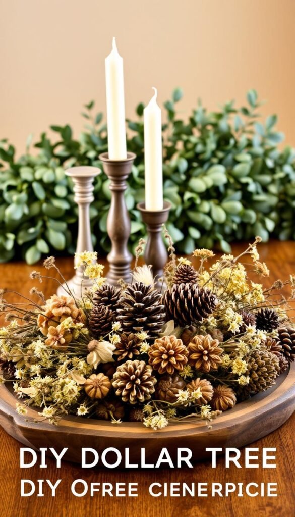 A rustic centerpiece with a natural, earthy aesthetic. In the foreground, a wooden tray or platter holds an assortment of dried flowers, pinecones, and twigs, arranged in a casual, asymmetrical display. The middle ground features a pair of candlesticks, their weathered surfaces complementing the rustic theme. Behind them, a lush garland of eucalyptus, olive branches, or other greenery cascades across the table, creating a lush, organic backdrop. Warm, diffused lighting casts a soft glow, emphasizing the rich textures and muted colors. The overall composition evokes a sense of cozy, farmhouse-inspired charm, perfect for a DIY Dollar Tree centerpiece.
