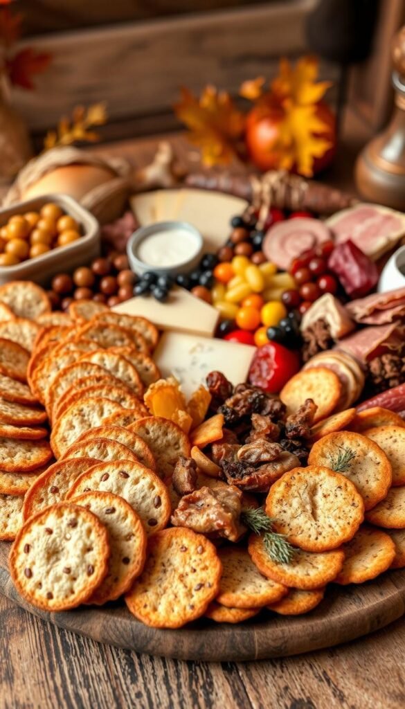 A rustic fall charcuterie board showcases an array of textures and flavors. In the foreground, an assortment of crackers, breads, and crisps are artfully arranged, their warm hues complementing the season. Sliced baguettes, seeded crackers, and crunchy crisps create visual interest and tactile contrast. The middle ground features a selection of aged cheeses, cured meats, and colorful dried fruits, while the background is a cozy, autumnal scene with warm lighting, wooden surfaces, and earthy tones. The overall composition evokes a sense of harvest bounty and indulgent, comfort-driven delights.