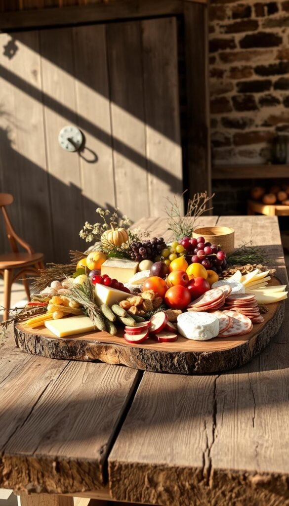 A rustic farmhouse-style grazing table set against a cozy, sun-dappled backdrop. Weathered wooden planks form the tabletop, complemented by a mix of natural elements - twigs, dried flowers, and fresh greenery. Artfully arranged charcuterie, cheese, and an assortment of seasonal fruits create a visually appealing display. The lighting is soft and warm, creating a inviting, homespun ambiance. In the background, a weathered barn or old brick wall adds to the rustic, countryside vibe. The overall composition is balanced and visually harmonious, capturing the essence of a relaxed, farmhouse-inspired gathering.