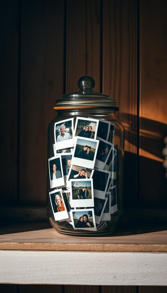 A rustic glass jar filled with nostalgic polaroid snapshots, arranged in a visually appealing display against a warm wooden backdrop. The jar sits atop a distressed wooden shelf, casting soft shadows that add depth and dimension. Soft, diffused lighting from above illuminates the cherished memories within, creating a cozy, inviting atmosphere. The overall composition evokes a sense of sentimentality and a celebration of life's precious moments, perfectly capturing the essence of a "Memory Jar Photo Display".