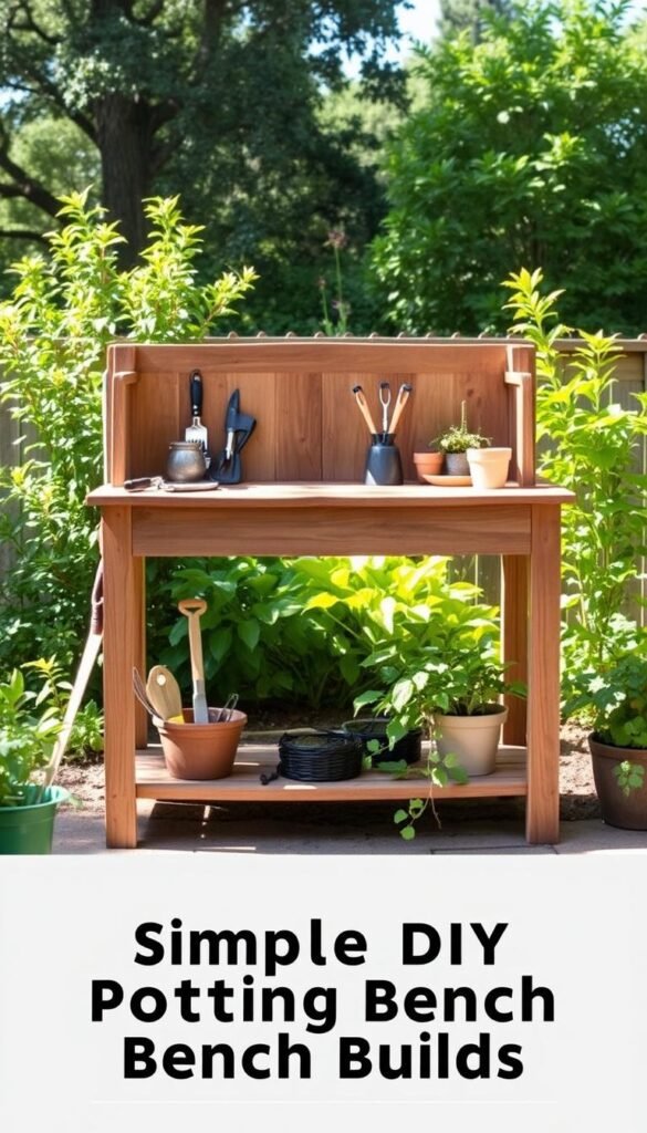 A rustic, handcrafted DIY potting bench stands in a sun-dappled backyard, its weathered wood planks and simple yet sturdy design inviting exploration. In the foreground, various gardening tools and potted plants are neatly arranged, reflecting the bench's purpose as a functional workspace for potting and repotting. The middle ground features a lush, verdant backdrop of thriving plants and mature trees, creating a serene and natural atmosphere. Soft, diffused lighting filters through the scene, casting gentle shadows and highlighting the bench's rustic charm. The overall composition conveys a sense of tranquility and the satisfaction of a well-designed DIY project, perfectly suited for the "Simple DIY Potting Bench Builds" section.