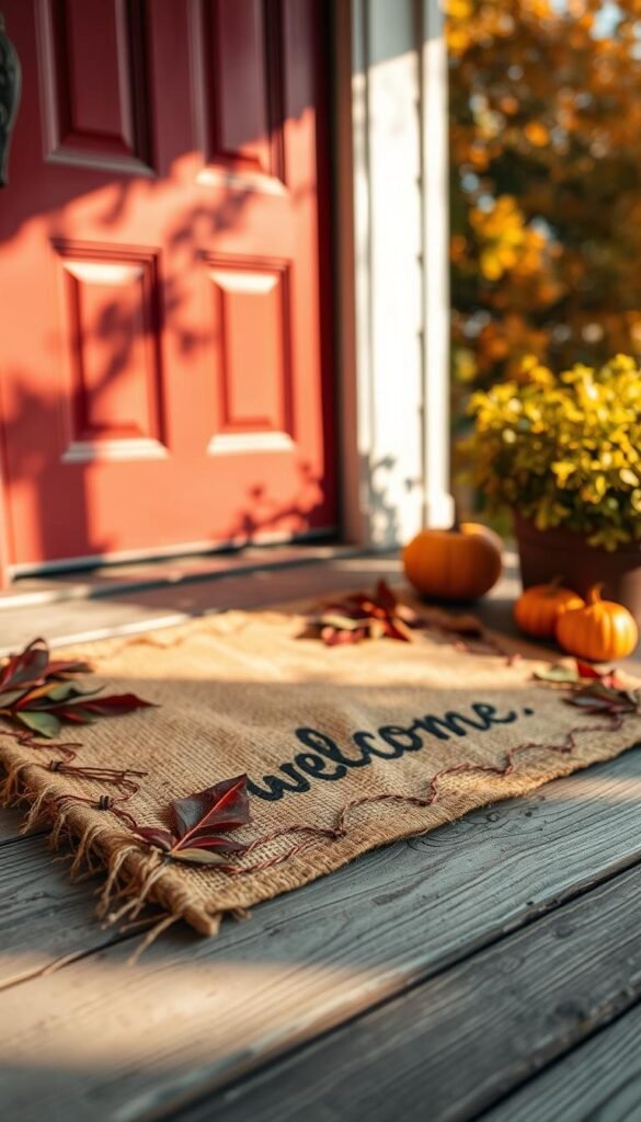 A rustic, handcrafted welcome mat lying on a weathered wooden porch. The mat is made of natural, earthy materials like burlap, twine, and leaves, arranged in a whimsical pattern. Warm, golden sunlight casts a soft glow, accentuating the textural details. In the foreground, the mat displays a charming, hand-painted quote or witty saying that captures the cozy, autumnal atmosphere. The background features a glimpse of a classic, red-painted door, framed by lush, fall foliage. The entire scene exudes a sense of homespun, DIY elegance perfect for welcoming guests during the autumn season.