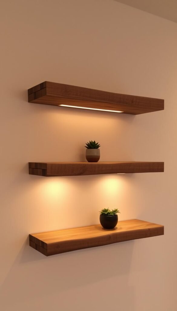 A rustic, minimalist arrangement of reclaimed wood floating shelves, illuminated by soft, warm lighting and casting gentle shadows. The shelves are crafted from weathered, textured planks, their natural grain and imperfections visible. They are mounted seamlessly against a plain, neutral-toned wall, creating a clean, uncluttered display. Small decorative items, such as potted plants or artisanal ceramics, are thoughtfully placed on the shelves, complementing the organic, earthy tones. The overall mood is one of understated elegance and craftsmanship, showcasing the beauty of repurposed materials in a contemporary, functional home decor piece.