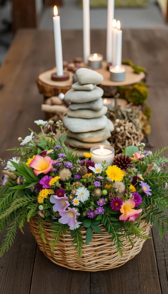 A rustic, nature-inspired centerpiece featuring an assortment of found objects and organic elements. In the foreground, a woven wicker basket overflows with a lush bouquet of wildflowers, ferns, and sprigs of greenery. The middle ground showcases a stack of smooth river stones, a few tealight candles, and a sprinkling of dried leaves and twigs. In the background, a wooden slab or slice of tree trunk serves as the base, with a few more candles and a scattering of moss-covered twigs adding depth and texture. The lighting is soft and warm, creating a cozy, inviting atmosphere. Captured with a wide-angle lens to showcase the entire arrangement in a natural, uncluttered setting.