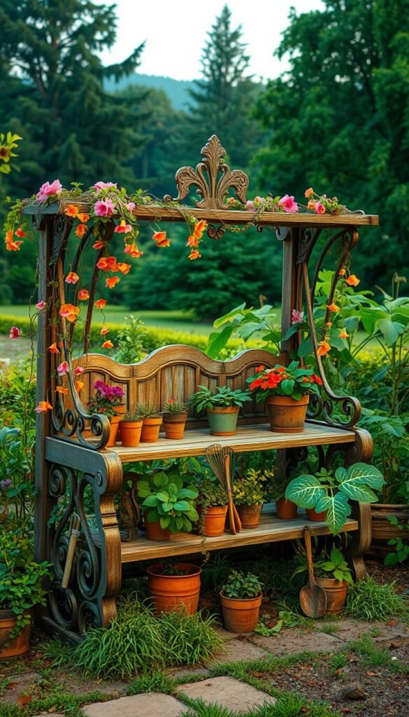 A rustic, ornate potting bench set against a lush, overgrown garden backdrop. The bench is crafted from weathered wood and iron, with intricate carvings and distressed finishes. Trailing vines and climbing flowers cascade over the sides, creating a naturalistic, botanical display. Warm, soft lighting filters through the scene, casting gentle shadows and highlighting the textural details. In the middle ground, a variety of potted plants and gardening tools are arranged artfully, hinting at the functional purpose of the bench. The background features a verdant, serene landscape with towering trees and a sense of peaceful tranquility. The overall atmosphere is one of charming, eclectic style and the joy of cultivating a beautiful outdoor space.