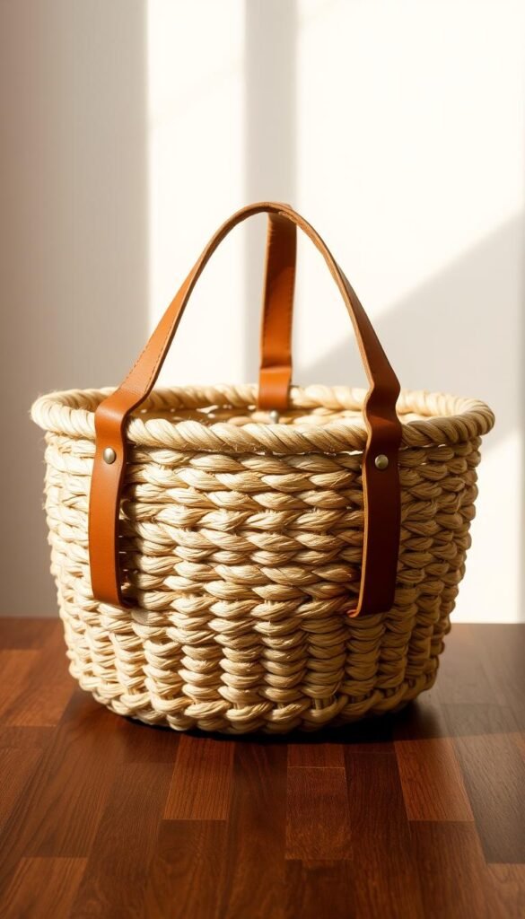 A rustic rope basket with supple leather handles sits atop a wooden table, bathed in warm, natural lighting. The woven texture of the basket creates intricate patterns, while the leather accents add a touch of sophistication. The basket is positioned against a simple, minimalist background, allowing its craftsmanship to take center stage. The overall composition evokes a sense of handmade charm and understated elegance, perfectly suited for a DIY home decor project.