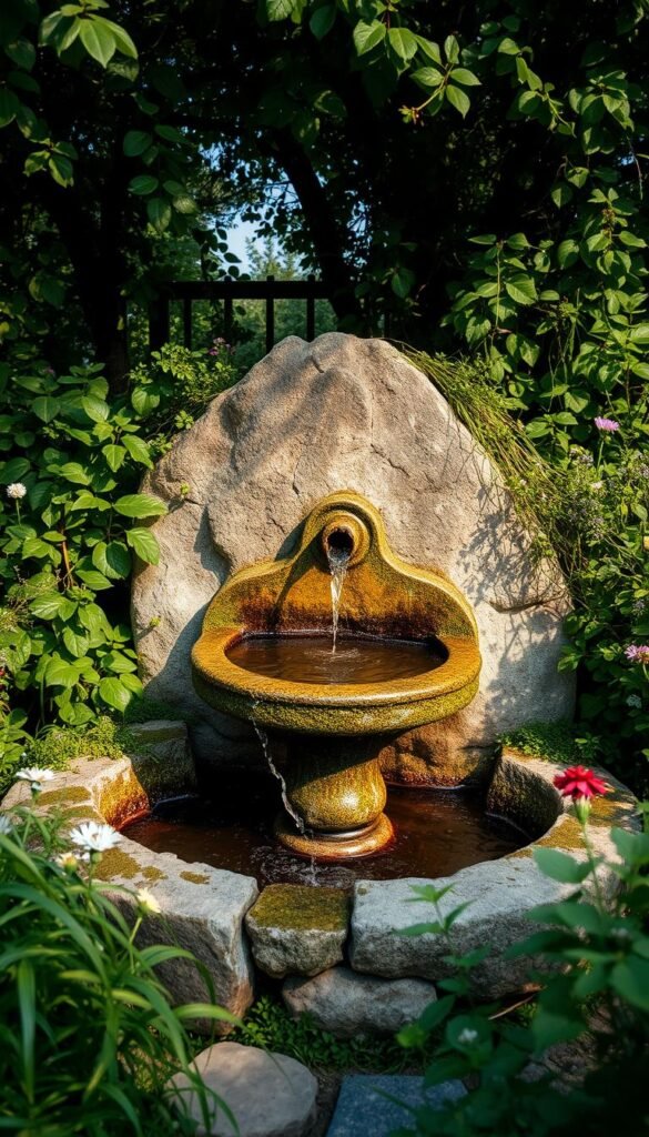 A rustic stone fountain nestled amidst a lush, overgrown garden. The weathered, moss-covered basin and natural rock formation create a charming, country-inspired aesthetic. Dappled sunlight filters through the surrounding foliage, casting a warm, golden glow on the scene. Trailing vines and wildflowers spill over the fountain's edges, adding a touch of romantic whimsy. The tranquil sound of gently cascading water creates a soothing, meditative atmosphere. Wide-angle lens captures the fountain as the focal point, with the verdant garden serving as a picturesque backdrop. The overall impression is one of serene, rustic beauty, perfectly suited for a charming country-style backyard.