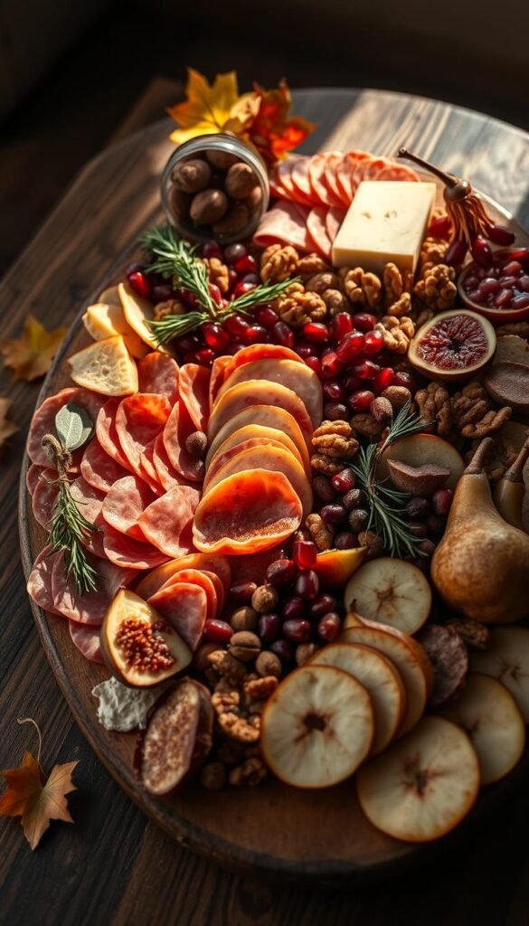 A rustic wooden table, bathed in warm autumn light, displays an abundant fall charcuterie board. Artfully arranged are slices of salami, prosciutto, and aged cheddar, complemented by clusters of fresh figs, pomegranate seeds, and candied walnuts. Sprigs of rosemary, thyme, and sage add earthy accents, while dried apple chips and cinnamon-dusted pears provide pops of color and texture. The arrangement is visually striking, inviting the viewer to savor the bounty of the season. A moody, natural vignette captured with a wide-angle lens, showcasing the alluring fall charcuterie board in all its glory.