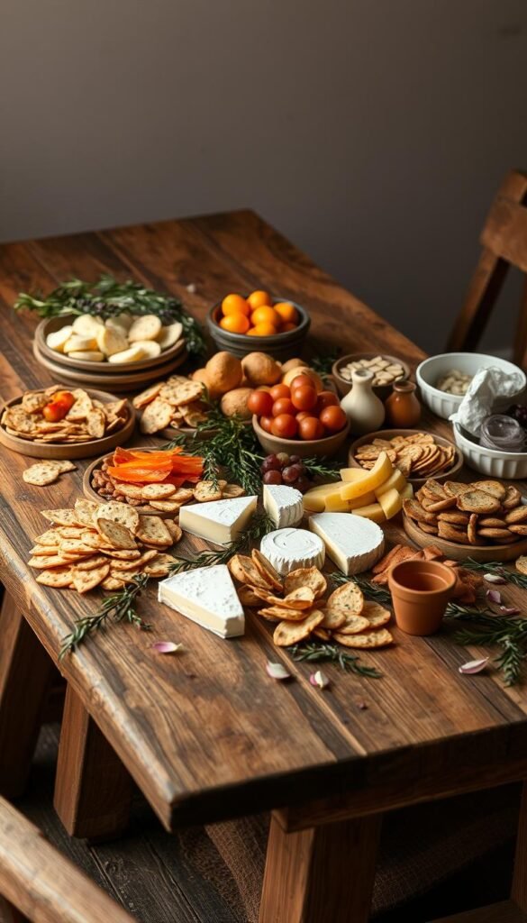 A rustic wooden table set with an artfully arranged display of various gourmet snacks, cheeses, crackers, and fresh produce. The table is adorned with sprigs of greenery, scattered petals, and a few small terracotta pots. Warm, diffused lighting from above highlights the textures and colors of the natural elements. The scene is captured from a slightly elevated angle, showcasing the thoughtful composition and the inviting, homemade atmosphere of a delightful DIY grazing table setup.