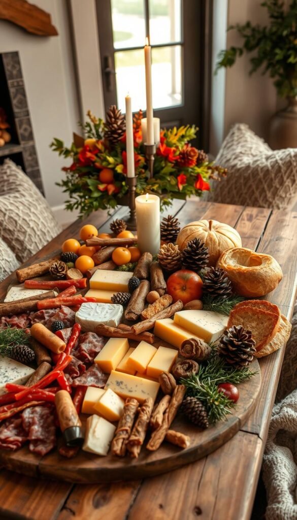 A seasonal grazing table nestled in a cozy, rustic setting. In the foreground, an arrangement of artisanal cheeses, cured meats, fresh fruits, and hearty breads. Mid-ground features an elegant display of autumn foliage, pinecones, and candles, casting a warm, inviting glow. The background showcases a weathered wooden table, flanked by plush, earth-toned textiles, and accented by hints of greenery. Soft, natural lighting filters through a nearby window, creating a serene, harvest-inspired atmosphere. The overall composition evokes a sense of abundance, coziness, and the fleeting beauty of the changing seasons.