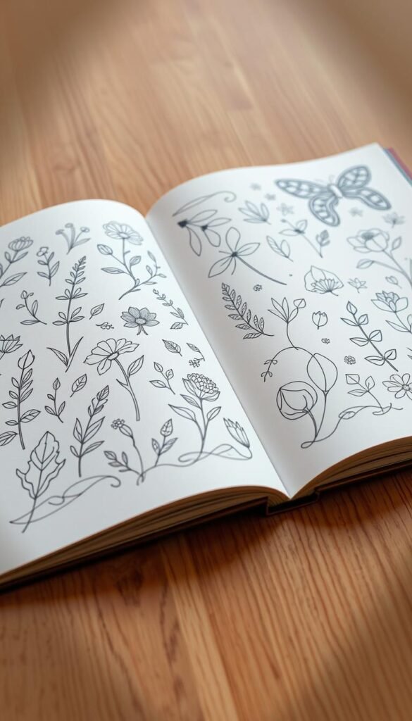 A serene and tranquil scene of a open book with easy adult coloring pages. The pages are filled with simple botanical patterns, geometric shapes, and abstract designs in a variety of pastel colors. Soft, diffused lighting illuminates the delicate lines and intricate details, creating a relaxing and therapeutic atmosphere. The book is placed on a wooden surface, with a subtle vignette around the edges to draw the eye towards the central focus. The overall mood is calming and inviting, perfect for a beginner to dive into the meditative practice of adult coloring.