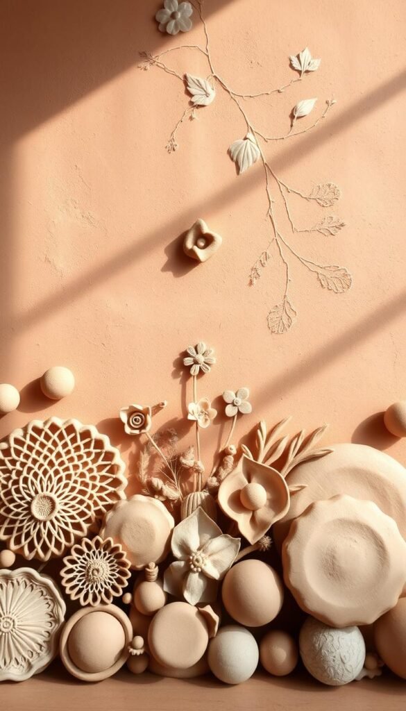A serene, boho-inspired clay wall decor featuring organic, earthy textures and neutral tones. In the foreground, intricate handcrafted clay shapes and forms in muted beige and terracotta hues, arranged in a visually captivating display. The middle ground showcases delicate clay flowers and leaf-like elements, adding depth and movement. The background features a soft, textured clay wall in a warm, earthy tone, creating a cohesive and calming backdrop. Gentle natural lighting casts subtle shadows, highlighting the tactile, handmade quality of the clay pieces. The overall composition exudes a sense of rustic elegance and tranquility, perfectly suited for a unique, bohemian-inspired home decor. A serene, boho-inspired clay wall decor featuring organic, earthy textures and neutral tones. In the foreground, intricate handcrafted clay shapes and forms in muted beige and terracotta hues, arranged in a visually captivating display. The middle ground showcases delicate clay flowers and leaf-like elements, adding depth and movement. The background features a soft, textured clay wall in a warm, earthy tone, creating a cohesive and calming backdrop. Gentle natural lighting casts subtle shadows, highlighting the tactile, handmade quality of the clay pieces. The overall composition exudes a sense of rustic elegance and tranquility, perfectly suited for a unique, bohemian-inspired home decor.