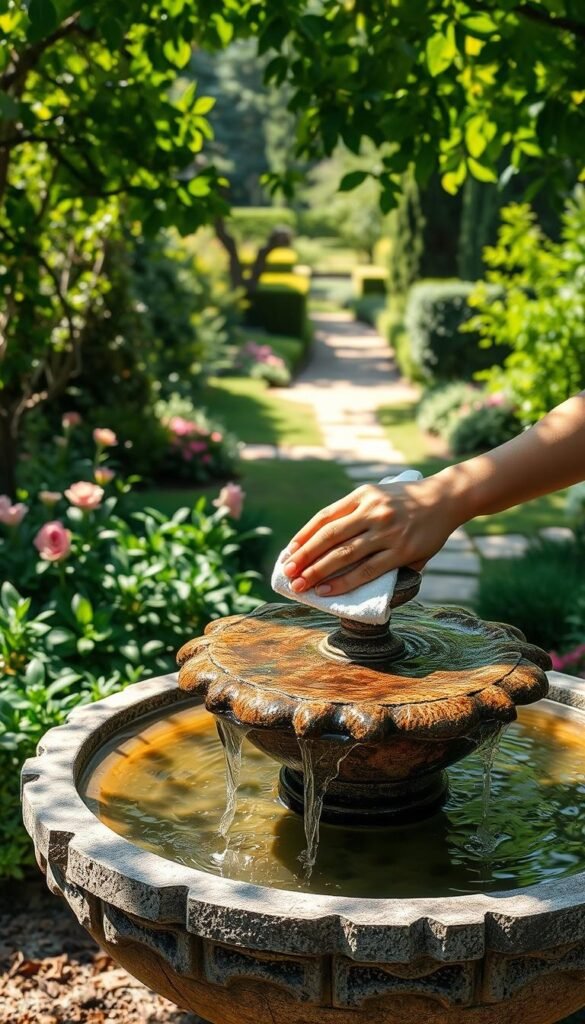 A serene garden fountain, its waters gently cascading over a weathered stone basin. In the foreground, a person tenderly cleans the fountain's surface, using a soft cloth to wipe away any debris. Dappled sunlight filters through the surrounding foliage, casting a warm, natural glow. The middle ground features lush, verdant plants and flowers, their petals swaying in a light breeze. In the background, a tranquil garden path winds through a well-maintained landscape, inviting viewers to pause and appreciate the calming ambiance. The scene is captured with a wide-angle lens, emphasizing the sense of depth and serenity. This image conveys the importance of regular maintenance to keep a DIY garden fountain in pristine condition, ensuring it remains a soothing oasis for years to come.