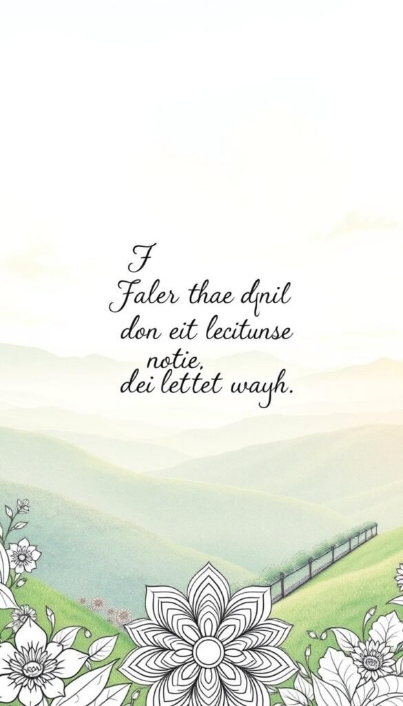 A serene, inspirational coloring page with a calming, nature-inspired background. In the foreground, a delicate, hand-drawn inspirational quote in a elegant, cursive font appears, surrounded by intricate, mandala-like floral patterns. The middle ground features a soft, hazy landscape with rolling hills, lush greenery, and a peaceful, glowing sky. The lighting is warm and diffused, creating a soothing, meditative atmosphere. The overall composition is balanced and harmonious, inviting the viewer to pause, reflect, and find inspiration through the process of coloring.