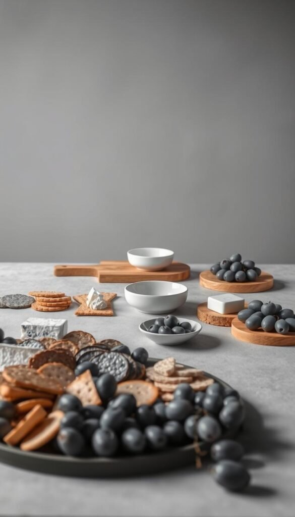 A serene, minimalist grazing table set against a muted monochromatic backdrop. In the foreground, an elegant arrangement of bite-sized delicacies in various shades of grey, from silvery cheeses and charcoal crackers to pewter-toned olives and slate-grey grapes. The middle ground features delicate ceramic dishes and simple wooden serving boards, all in complementary tones. The background is a softly-lit, washed-out grey wall, creating a tranquil, studio-like ambiance. Soft shadows add depth and dimension, while the overall composition exudes a sense of understated sophistication and artistic restraint.