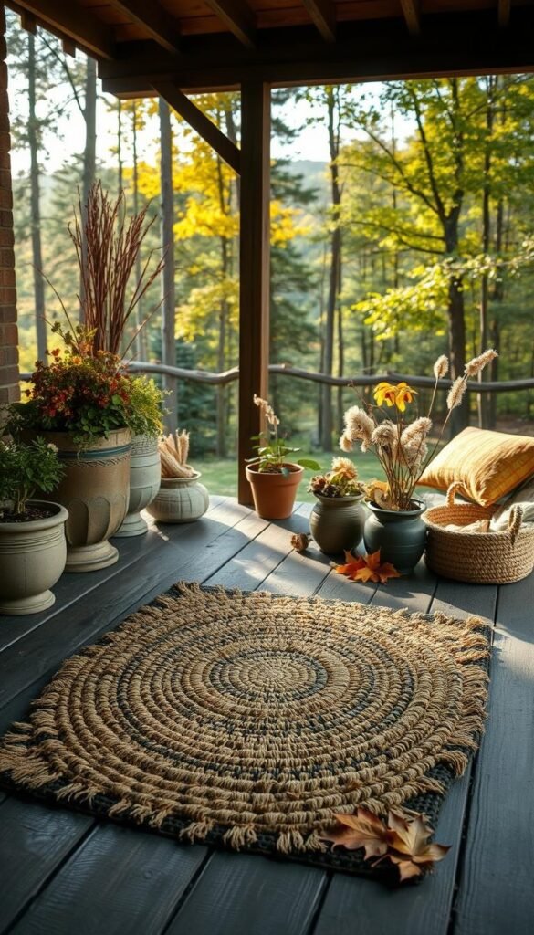 A serene outdoor scene, showcasing a handmade mat crafted from natural materials. In the foreground, a woven mat of earthy tones and textures, arranged artfully on a weathered wooden porch. Mid-ground features potted plants, dried flowers, and autumn leaves, creating a cozy, rustic ambiance. The background depicts a tranquil forest landscape, with dappled sunlight filtering through the trees, casting a warm, golden glow. The overall composition evokes a sense of harmony between nature and handmade craftsmanship, perfect for decorating an autumnal entryway.