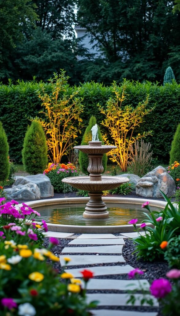 A serene outdoor scene with a well-planned fountain as the central focal point. The fountain is situated in a lush, verdant garden setting, surrounded by a mix of vibrant flowers, neatly trimmed shrubs, and a few strategically placed boulders. Soft, warm lighting illuminates the scene, creating a tranquil and inviting atmosphere. The camera angle captures the fountain from a slightly elevated perspective, showcasing its elegant design and the carefully considered placement within the landscape. The overall composition emphasizes the importance of thoughtful planning and integration of the fountain feature into the broader garden design.