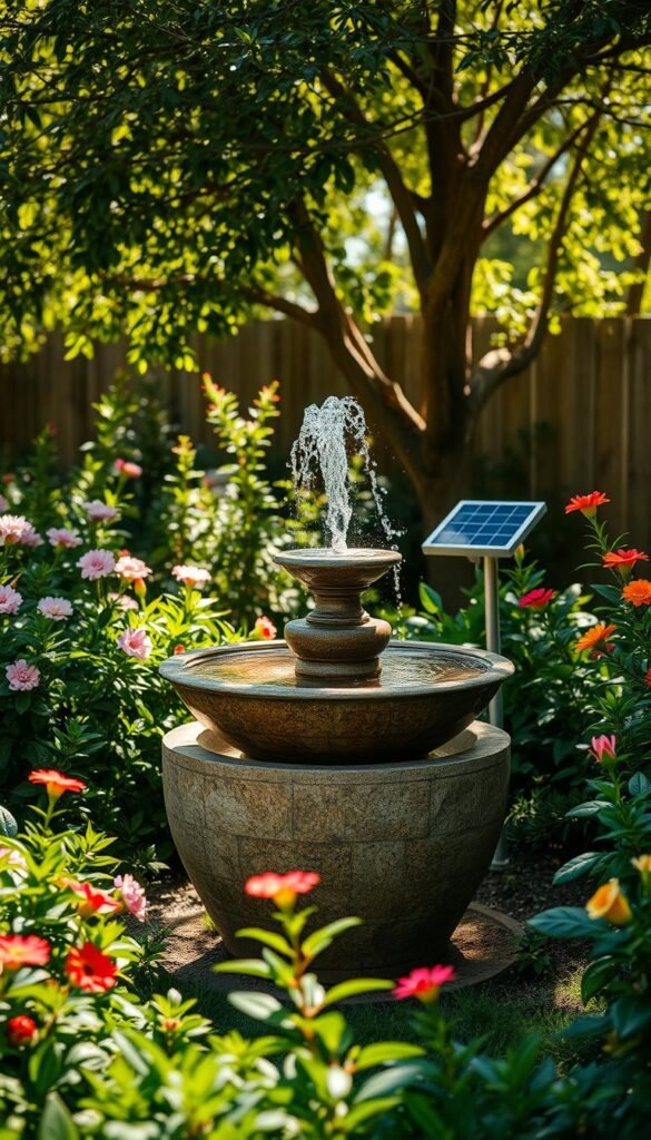 A serene, solar-powered garden fountain situated in a lush, verdant backyard. The fountain's central basin is crafted from natural stone, its surface gently rippling as the water flows, powered by a discreet solar panel. Lush, flowering plants surround the fountain, their vibrant petals swaying in a light breeze. Dappled sunlight filters through the overhanging trees, casting a warm, tranquil glow across the scene. The fountain's soothing, burbling sounds create a calming, meditative atmosphere, inviting relaxation and contemplation. The overall composition evokes a sense of harmony between nature and technology, a sustainable oasis of serenity.