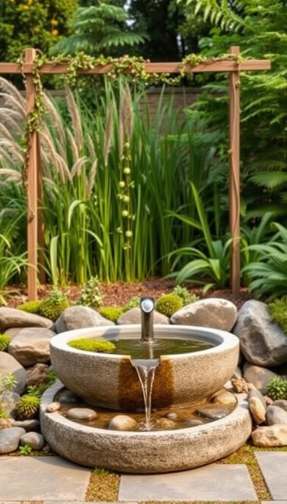 A simple yet elegant DIY garden fountain with a rustic, natural aesthetic. In the foreground, a shallow basin made of weathered stone or concrete, with a central spout gently cascading water. Surrounding the basin, a arrangement of river rocks, moss, and small plants, creating a tranquil, earthy scene. In the middle ground, a wooden frame or trellis supports trailing vines and flowers, softening the edges. The background features lush greenery, such as tall grasses, ferns, and trees, casting dappled shadows and conveying a sense of privacy and seclusion. Warm, diffused lighting illuminates the scene, creating a serene, inviting atmosphere perfect for a budget-friendly DIY garden feature.