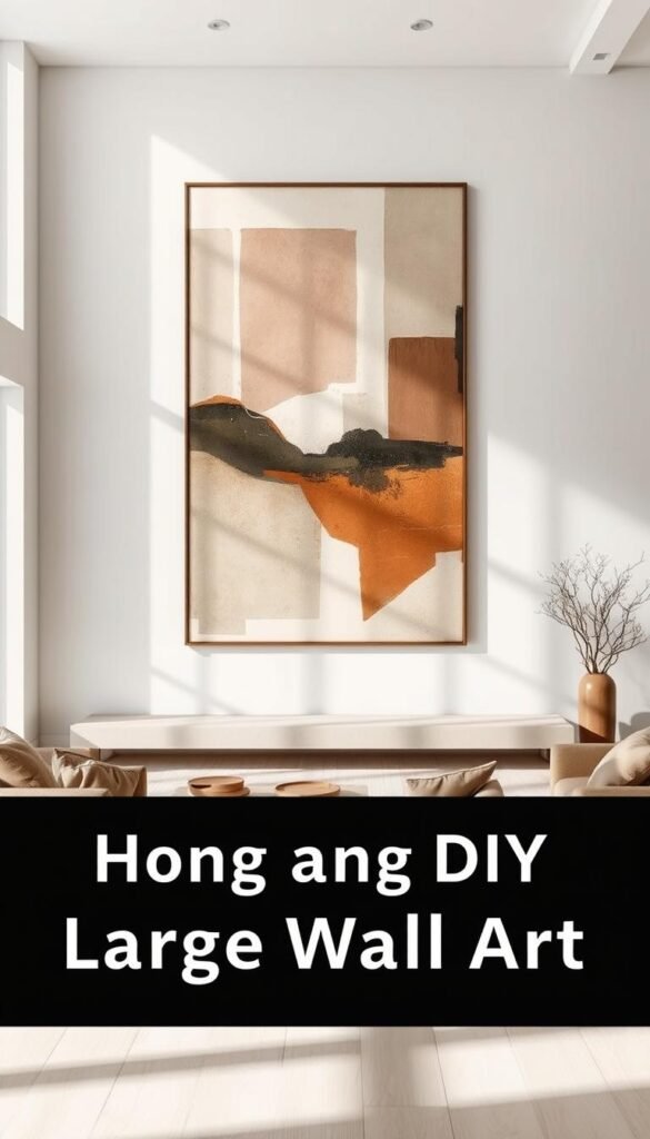 A spacious and minimalist living room with a large, striking wall art piece as the centerpiece. The artwork is a bold, abstract composition featuring geometric shapes in muted earth tones, creating a mesmerizing visual impact. Soft, natural lighting from large windows bathes the room, casting subtle shadows that accentuate the depth and texture of the artwork. The room's decor is clean and uncluttered, allowing the wall art to be the main focal point and draw the viewer's attention. The overall mood is one of understated elegance and serene sophistication, perfectly complementing the section's focus on hanging and displaying DIY large wall art.